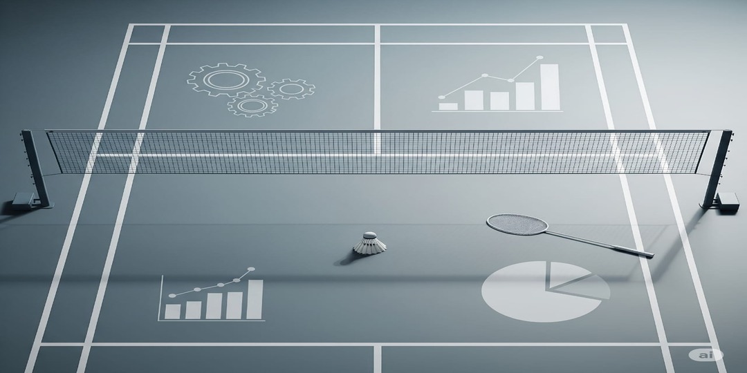 Badminton court with productivity charts and business elements